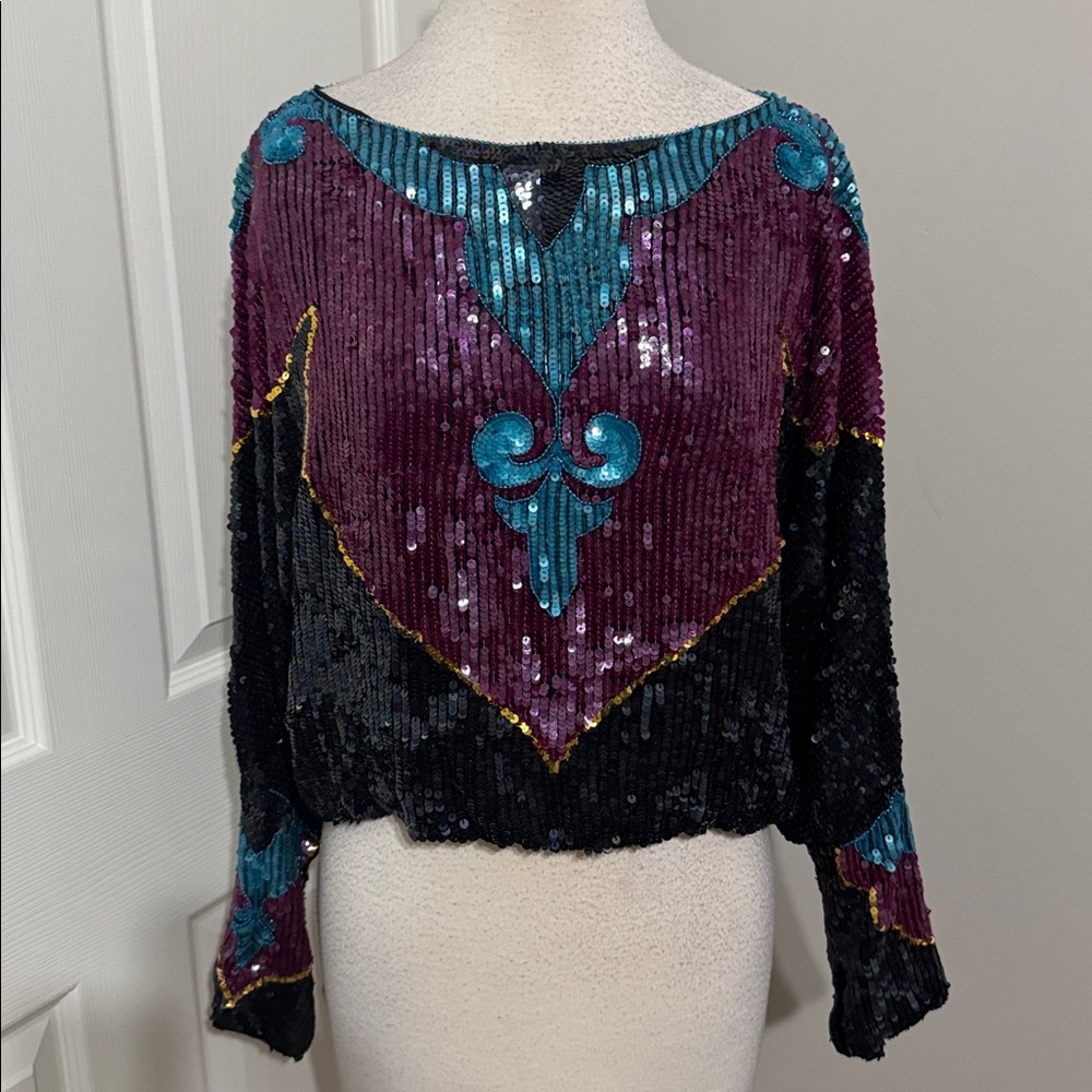 Metamorphosis vintage black, purple, teal & gold sequin top, size S
